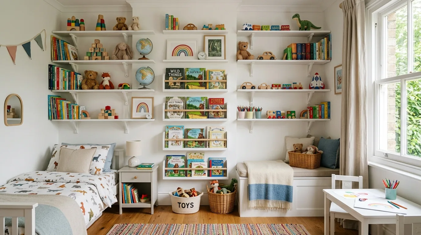 Wall-mounted shelves displaying toys and books